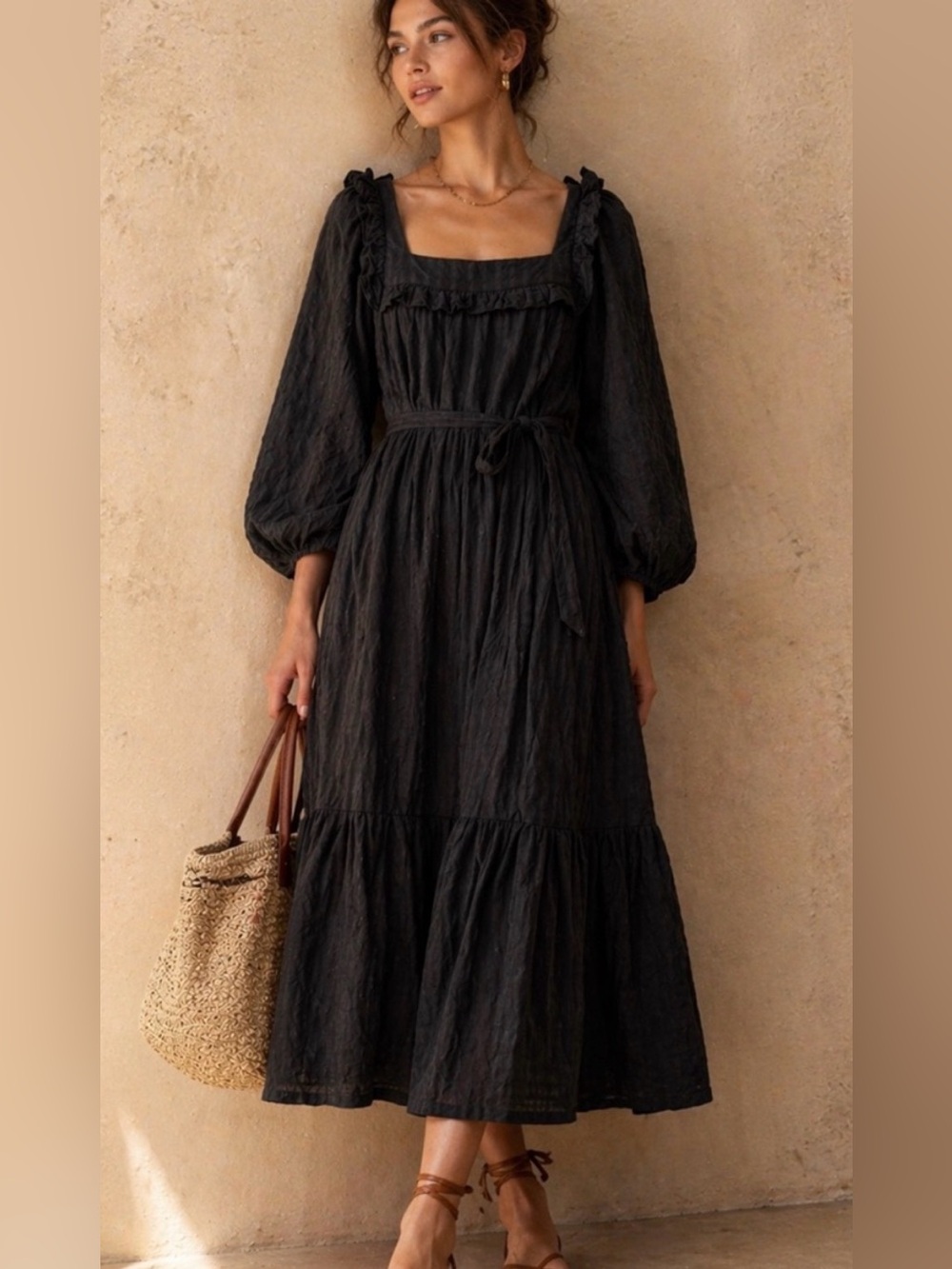 Christy Dawn Black cottagecore square-neck maxi peasant dress puff S cotton